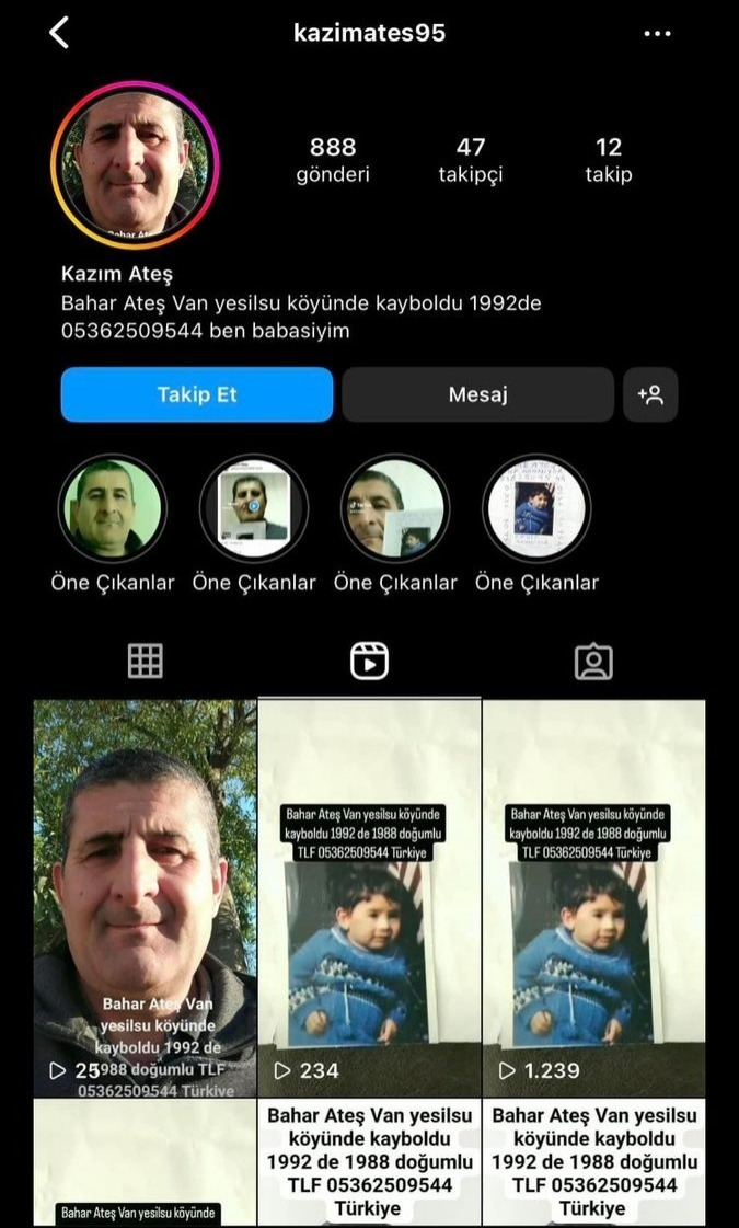 Bir baba, 1992 yılında Van'da kaybolan kızını Instagram üzerinden aramayı sürdürüyor.