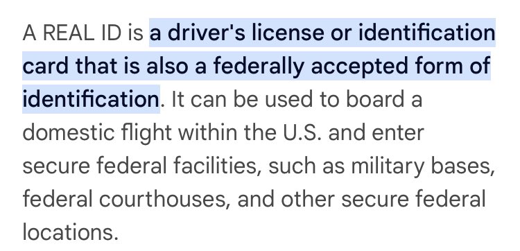 Our Federal Government is requiring us to get a #RealID to do things as simple as fly domestically.

Now understand … this same Federal Government doesn’t require illegals to even have a simple ID to fly throughout the United States and collect upwards to $4600 per month in
