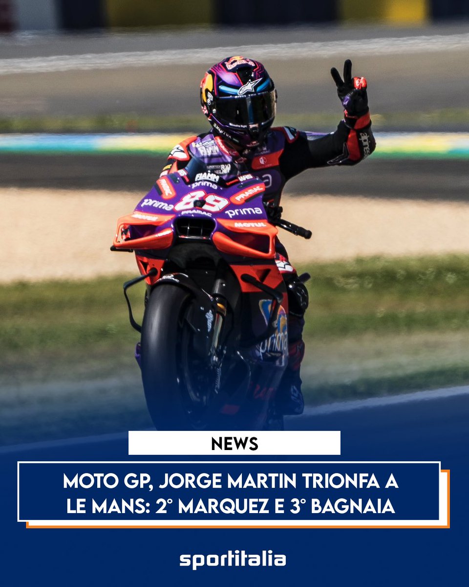 𝐌𝐨𝐭𝐨 𝐆𝐏, 𝐌𝐚𝐫𝐭𝐢𝐧 𝐭𝐫𝐢𝐨𝐧𝐟𝐚 𝐚 𝐋𝐞 𝐌𝐚𝐧𝐬🏁 Lo spagnolo del team Pramac vince il GP di Francia, secondo #Marquez e terzo Bagnaia. Nel Mondiale #MotoGP , #Martin allunga a 38 punti il vantaggio su #Bagnaia ‼️ #LeMans #Sportitalia