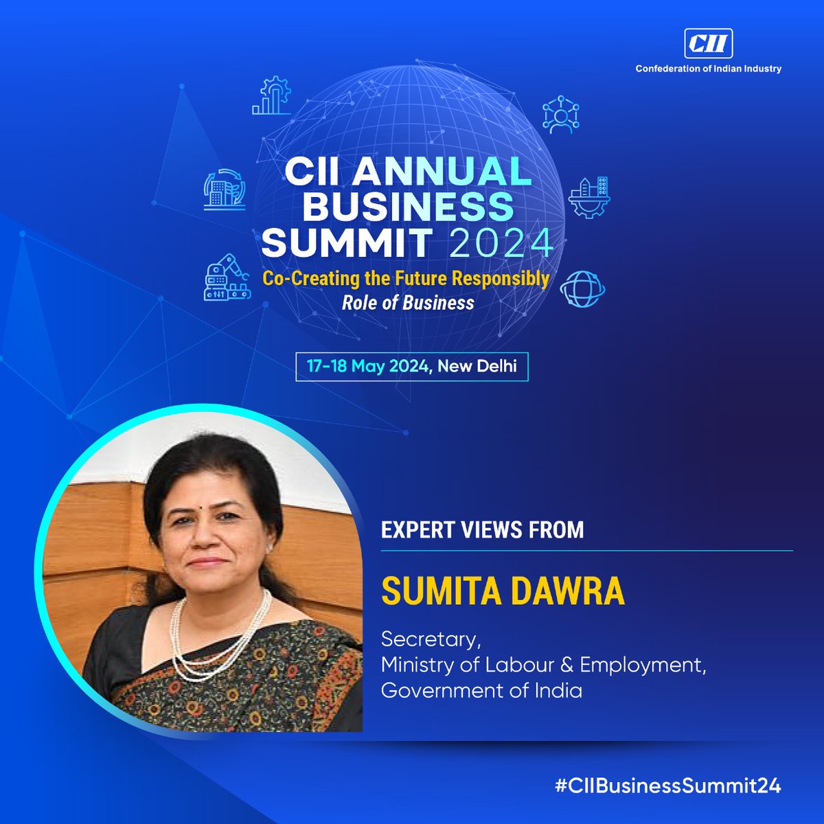 Listen to @SumitaDawra, Secretary, @LabourMinistry, Government of India share insights at the CII Annual Business Summit 2024. Join the discussion as top experts and thought leaders deliberate on India's journey towards development and economic prosperity. #StayTuned ➡17-18 May