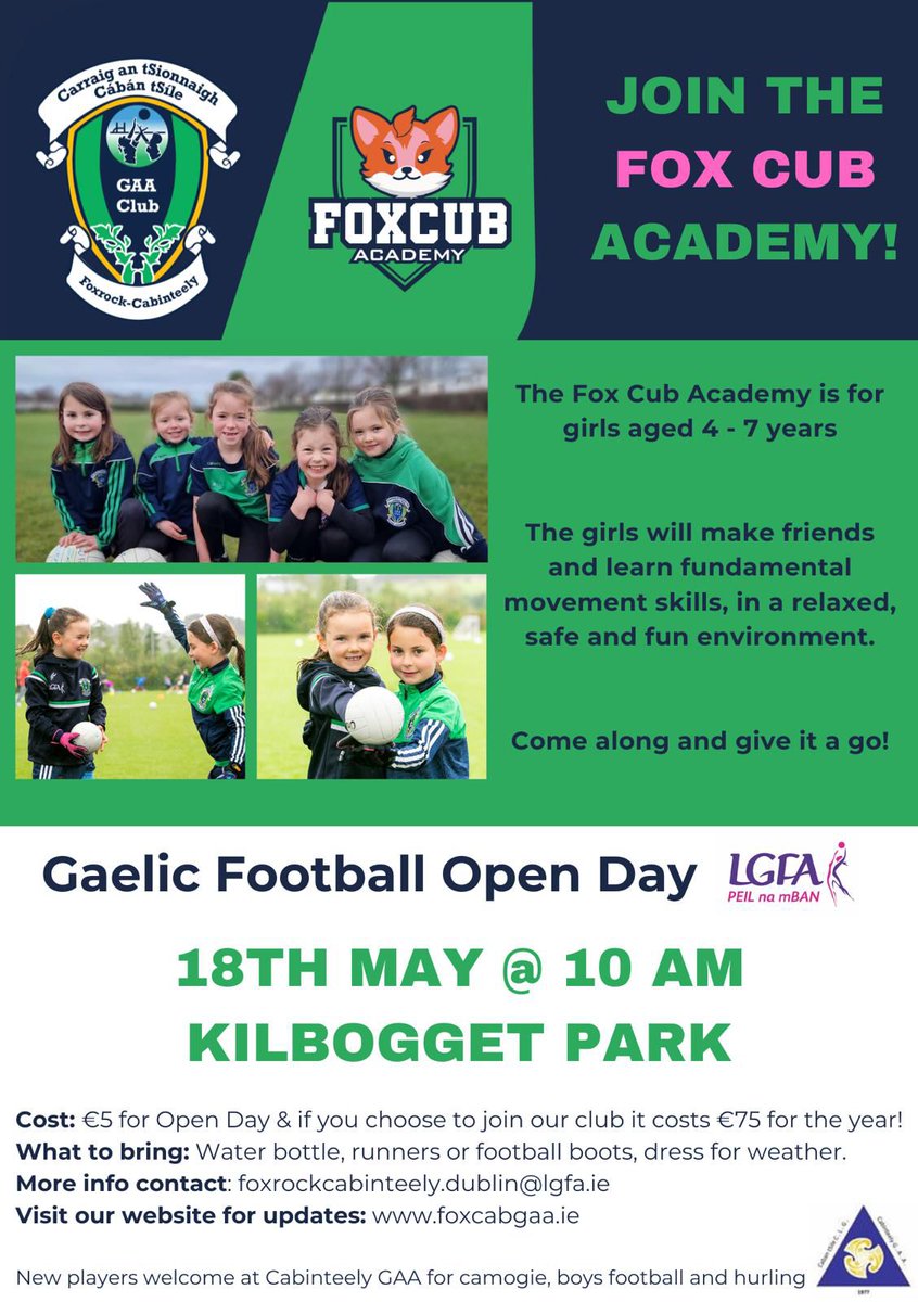 We need you 🫵

@OFFICIALFoxCab Foxcub Academy Open Day is next Saturday, May 18th at 10am in Kilbogget Park. All welcome!

Come along and give it a go, bring a friend!