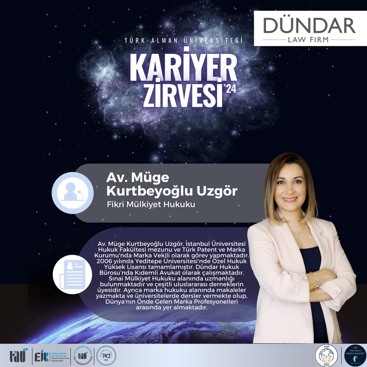 Dündar Law Firm Kıdemli Avukatı Sayın Av. Müge KURTBEYOĞLU UZGÖR 15 Mayıs 15.00'da bizlerle olacak. "Fikri Mülkiyet Hukuku" konulu konuşmasını dinlemek için hepinizi bekliyoruz!