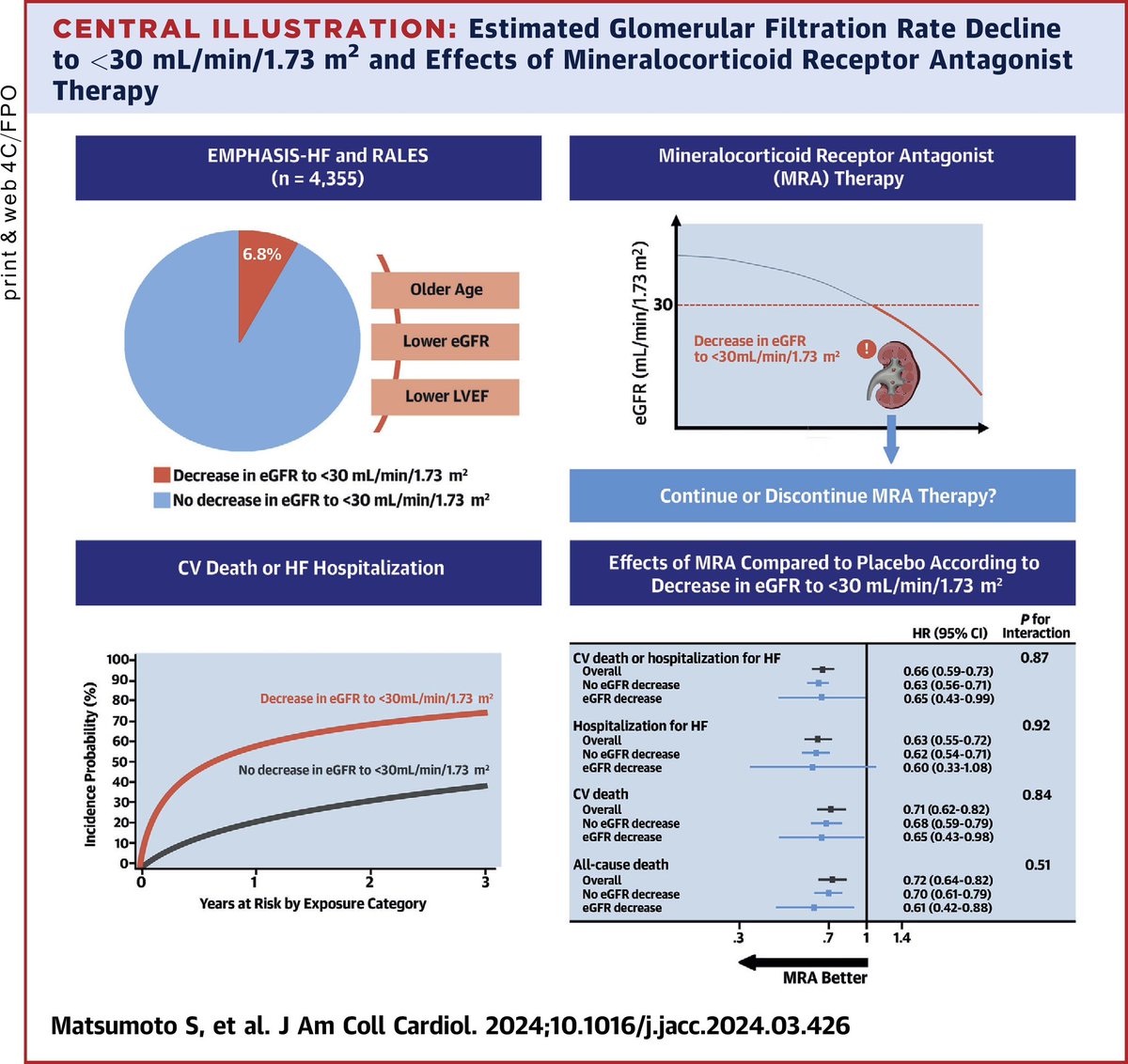 Mineralocorticoid Receptor Antagonists in #HF and Impaired Renal Function

👥4355 ➡️6.8% experienced a ↘️ of eGFR after randomization to &lt;30 mL/min/1.73 m2

👉risk reduction in the primary outcome with MRA therapy was similar in those who experienced a decrease in eGFR to &lt;30