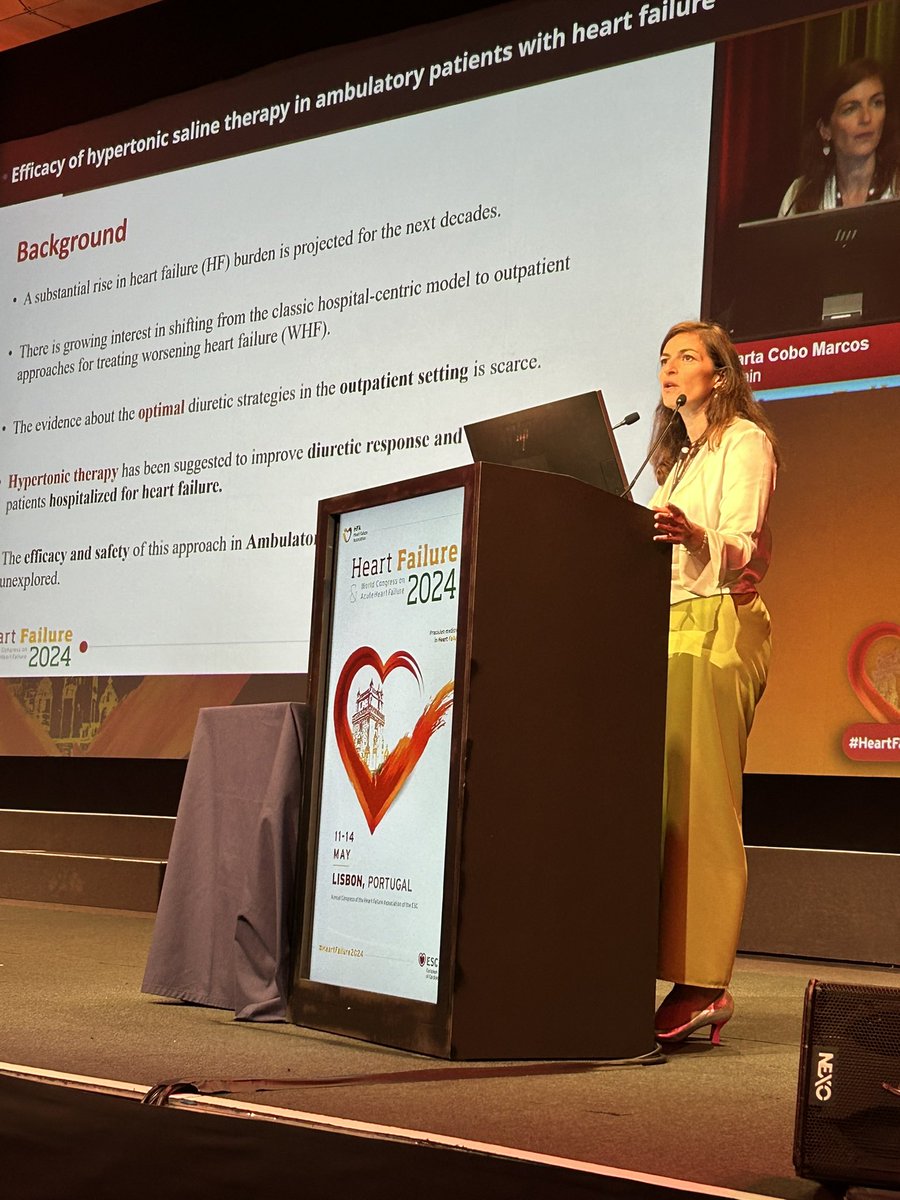 #HFA2024 Marta Cobo @MartaCoboMarcos presenting the results of a clinical trial on the effects of hypertonic saline serum on ambulatory patients with HF! Despite neutral results; important clinical implications!! Congratulations!! @secardiologia