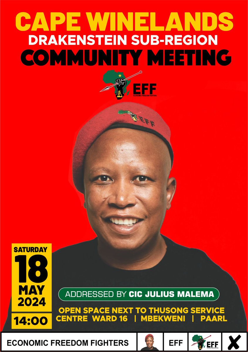 ♦️Don’t Miss It♦️

The President of the EFF and CIC  @Julius_S_Malema is scheduled to address a community meeting on 18 May in Ward 16, Drakenstein Sub-region, Mbekweni, Cape Winelands. 

#VoteEFF2024