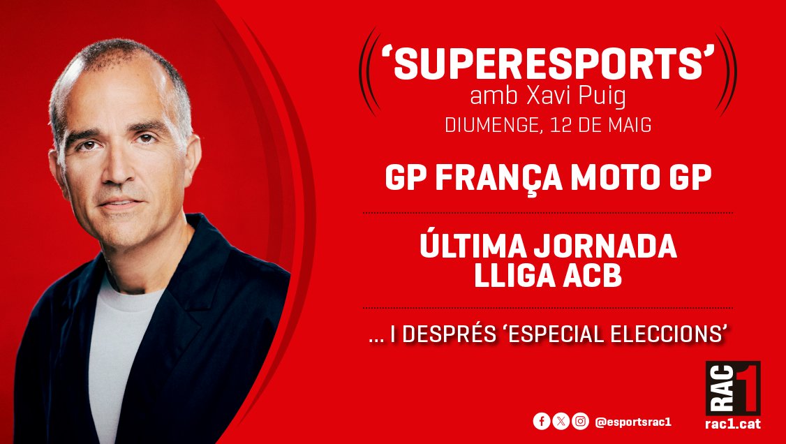 #Superesports | ⏰ 16h-18h 🎙️ @xpuig75 ⚽️ ATLÈTIC DE MADRID-CELTA ⚽️ PRÈVIA BARÇA-REIAL SOCIETAT 📞 @xavie68 (@fsalagarcia) 🏍️ GP FRANÇA MOTO GP 🏀 ÚLTIMA JORNADA DE L'ACB