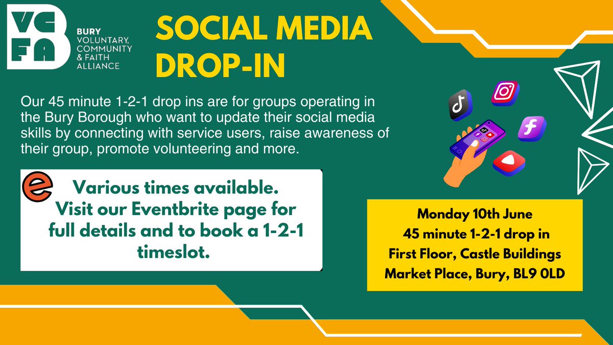 📅 NEW SESSION! Social Media Drop-In Session on Mon 10 June! 🚀 Explore your group's social media channels and learn how to boost organic engagement to promote your services. Various 45-minute time slots available. Book now on our Eventbrite page! ⬇️ lght.ly/k23bb7b