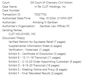 synergymgtgroup's tweet image. $CLHI we are now on file with the Delaware courts in the bid to bring the company back in to good standing (by asking the court to order order the SOS to allow a revival or revocation of the dissolution). There is no indication this action will be successful.