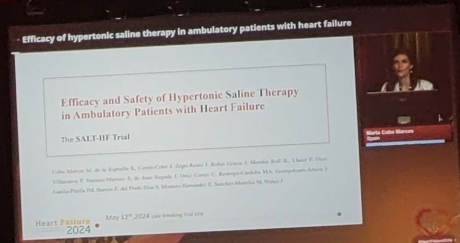 @MartaCoboMarcos presenting the results of the 🇪🇸 SALT-HF trial in the LBCT session #HeartFailure2024 @escardio Congrats to Marta and all the investigators 👏🏻 💪🏻❗️ Very interesting trial. Neutral results, no benefit of the addition of hypertonic saline to iv furosemide in