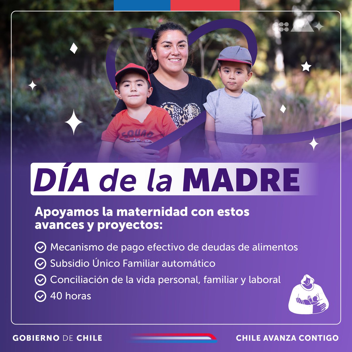 Hoy reconocemos a todas las madres de nuestro país 💜 Conoce aquí avances y proyectos que hemos impulsado para apoyar la maternidad, buscando mayor bienestar y avanzando en una distribución más equitativa de las responsabilidades de cuidados entre madres y padres #DíaDeLaMadre.