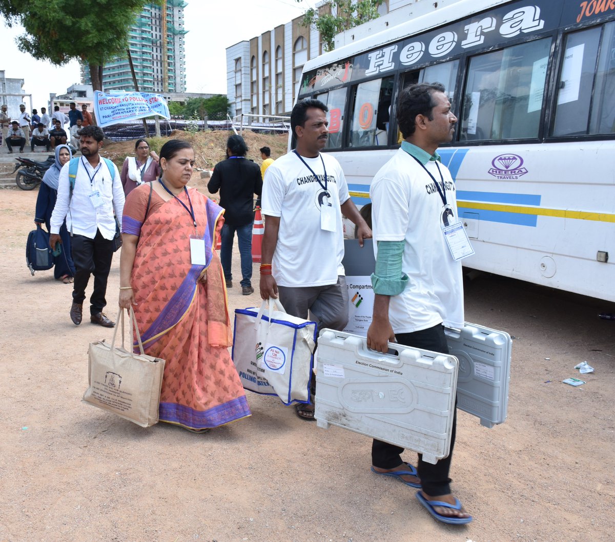 FESTIVAL OF DEMOCRACY TOMORROW : All set for Polling to 17 Lok Sabha constituencies in Telangana on May 13, 2024. Polling staff after collecting the polling material from DRC centres are going to their respective polling stations. Polling will start from 7 AM and ends at 6 PM.