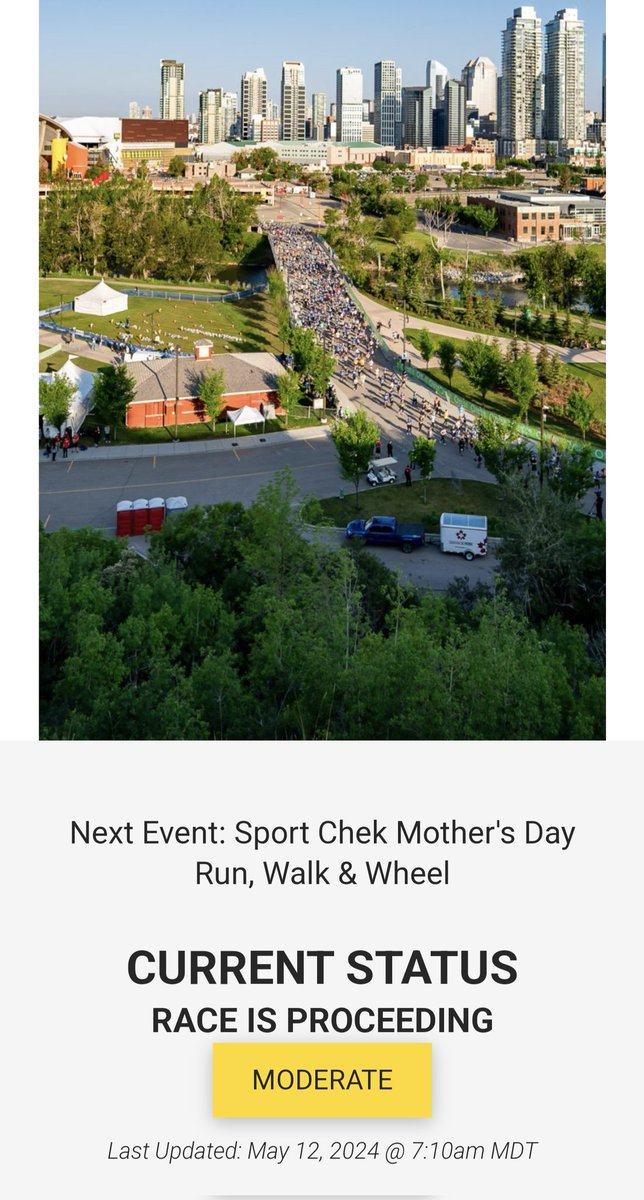 trevortombe's tweet image. Not great conditions due to wildfire smoke, but #RunCalgary Mother's Day Run still proceeding.

Updates here: runyyc.ca/about/eas/ #yyc