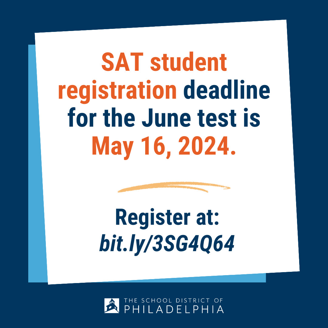 SAT student registration deadline for the June test is May 16, 2024. Register here: bit.ly/3SG4Q64
