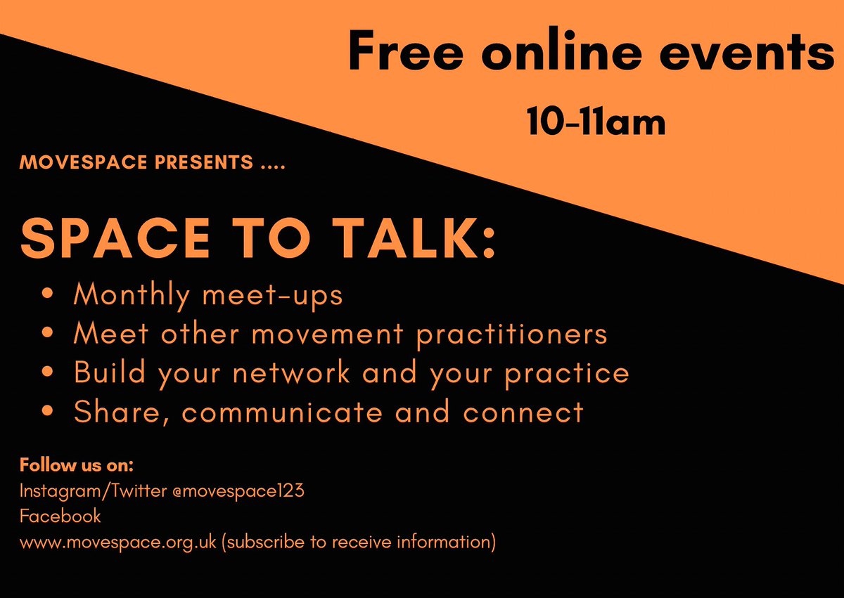MoveSpace (@movespace123) on Twitter photo 🧡🧡🧡 Space to Talk 🧡🧡🧡
Meet, discuss and share with other movement practitioners 
17/05/24 10-11am
Just click the link below to book your FREE space and connect to others 
movespace.org.uk/project/online… 🧡🧡🧡 Space to Talk 🧡🧡🧡
Meet, discuss and share with other movement practitioners 
17/05/24 10-11am
Just click the link below to book your FREE space and connect to others 
movespace.org.uk/project/online…