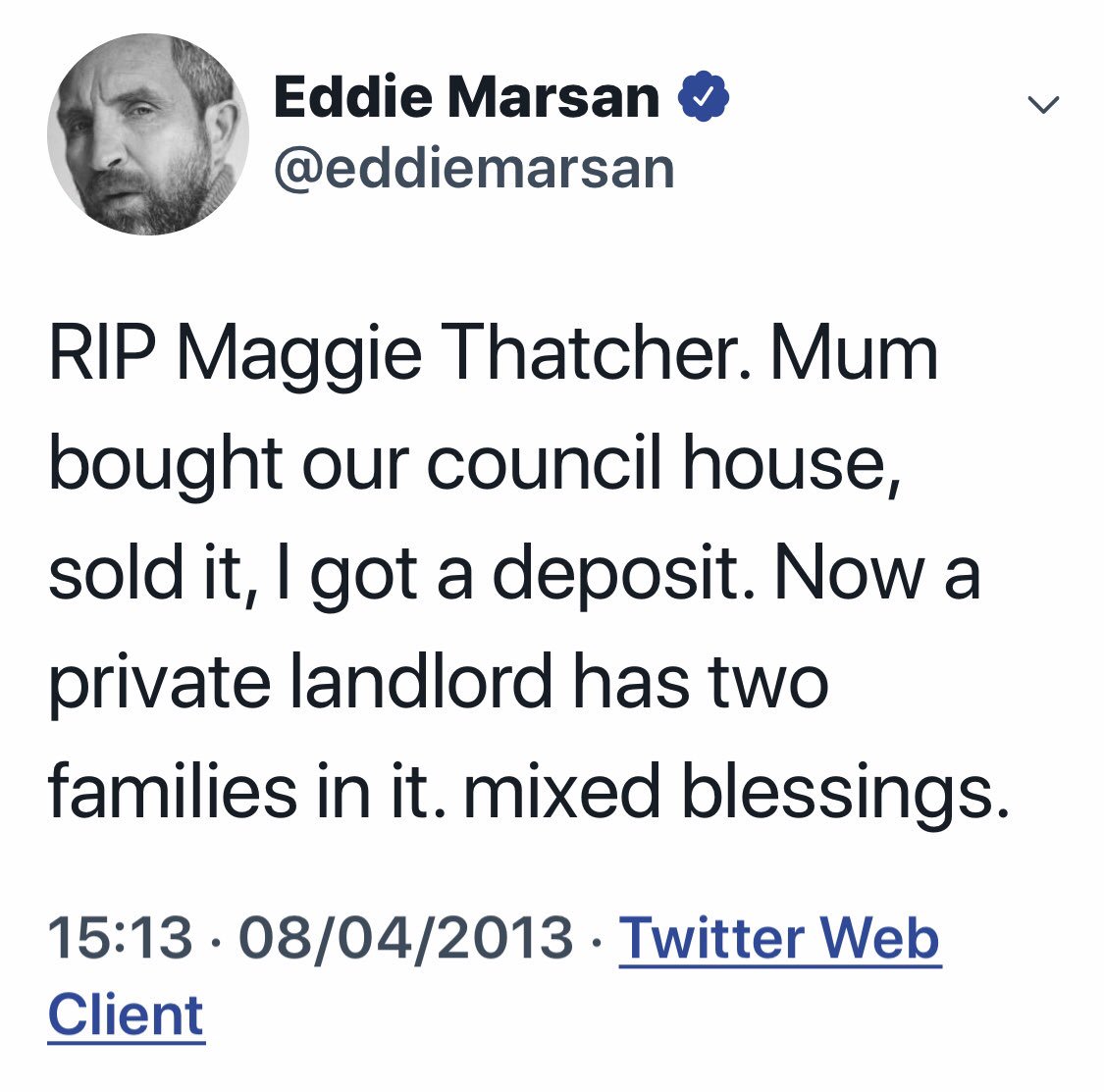 Always nice to hear from landlord Eddie Marsan about social housing. He manages his property portfolio through his company - Laughing Water Properties Ltd.