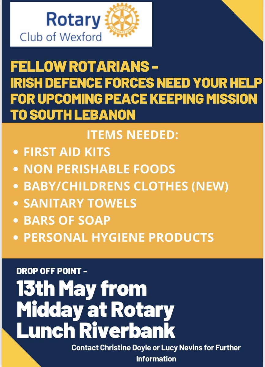 All donations welcome for Irish defence forces upcoming peace keeping mission to the Lebanon. Rotarians Lucy & Christine will be arranging collection of items tomorrow from 12-1pm at Riverbank House hotel. @riverbankhotel 
#peopleofaction