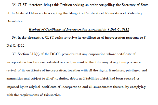 synergymgtgroup's tweet image. $CLHI we are now on file with the Delaware courts in the bid to bring the company back in to good standing (by asking the court to order order the SOS to allow a revival or revocation of the dissolution). There is no indication this action will be successful.