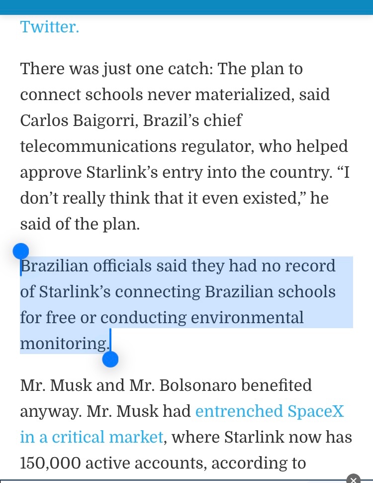 Did you know?

In May 2022, Elon Musk made a surprise trip to Brazil.

He announced alongside then-President Bolsonaro that Starlink would provide internet connectivity to 19,000 rural schools for free, as well as environmental monitoring of the Amazon.

It never happened.