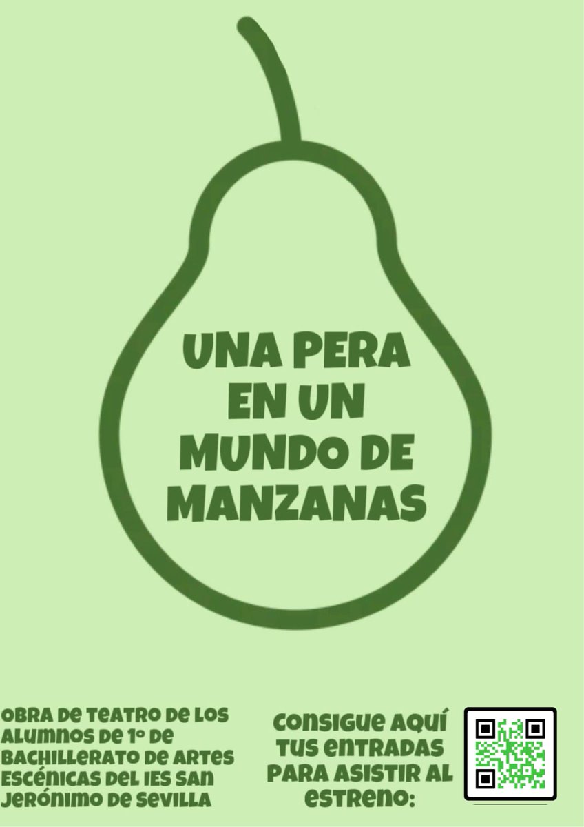 ¡¡ESTRENO!! 

*UNA PERA EN UN PAÍS DE MANZANAS"

ESTRENO de la nueva obra de los alumnos de 1º de Bachillerato de Artes Escénicas del IES San Jerónimo este jueves 16  en el CEP Buenavista del mismo barrio, con pases a las 17h y a las 18h.