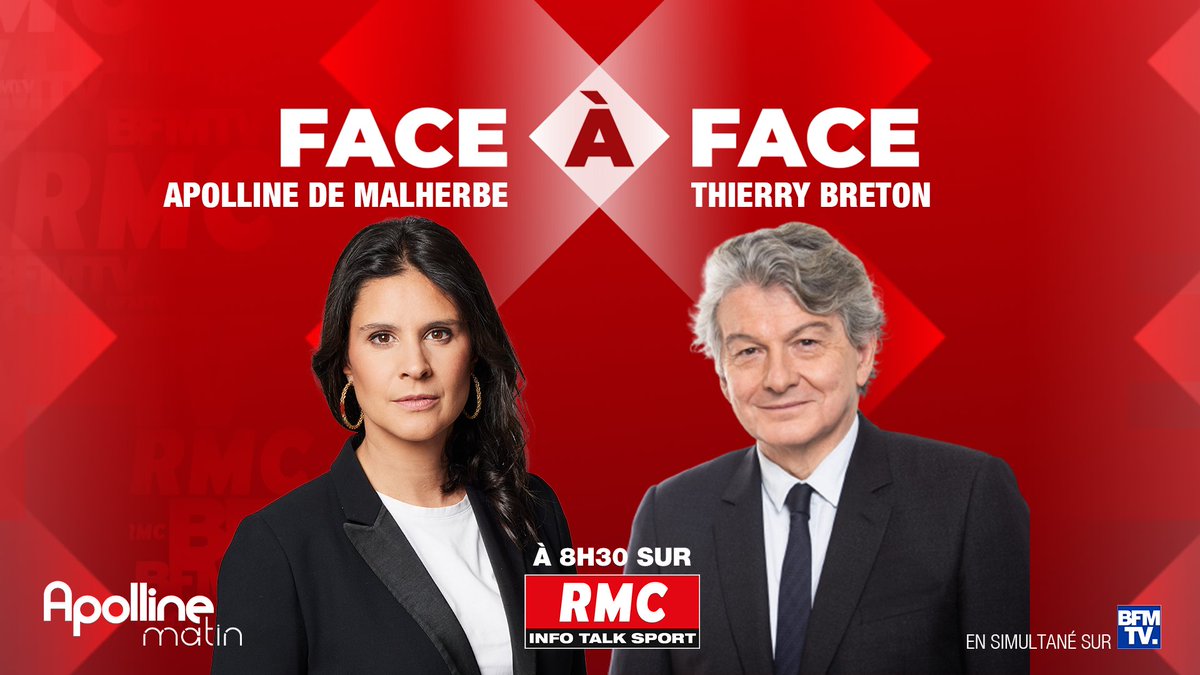 🎙 Ce matin, @ThierryBreton, commissaire Européen au marché intérieur, est l’invité du #FaceÀFace avec @apollineWakeUp. 👉 Rendez-vous à 8h30 sur RMC et BFMTV.