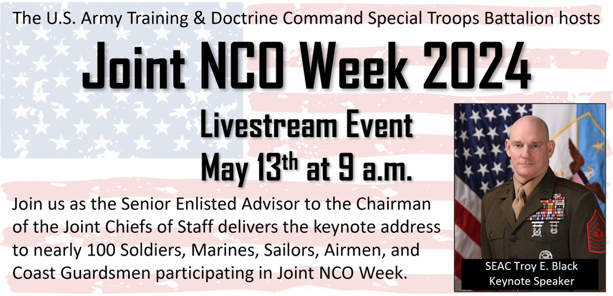 Please join us Monday on our Facebook page as we livestream a special Joint NCO Week event hosted by the TRADOC Special Troops Battalion! #VictoryStartsHere