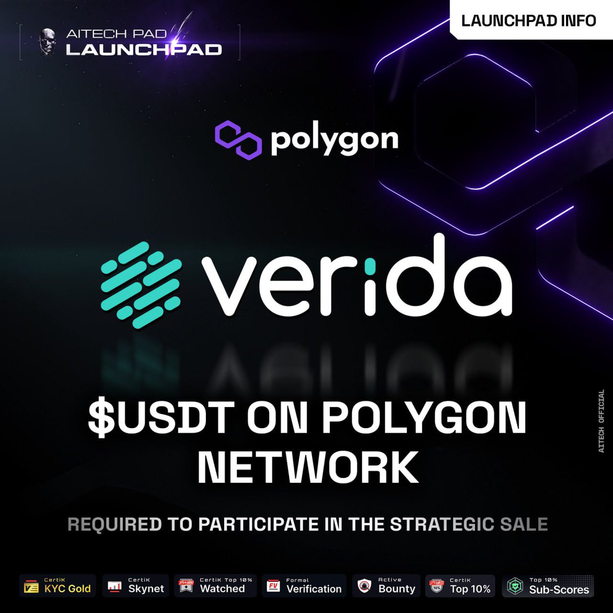 🔥 Verida on AITECH Pad!

⚠️ We would like to inform all participants, as Verida is on the Polygon Network, you will require $USDT on the Polygon Network to participate in the upcoming sale, and require Matic to cover the gas fees. 

👨🏻‍💻 Register Here 👉🏻 aitechpad.io/project/verida…