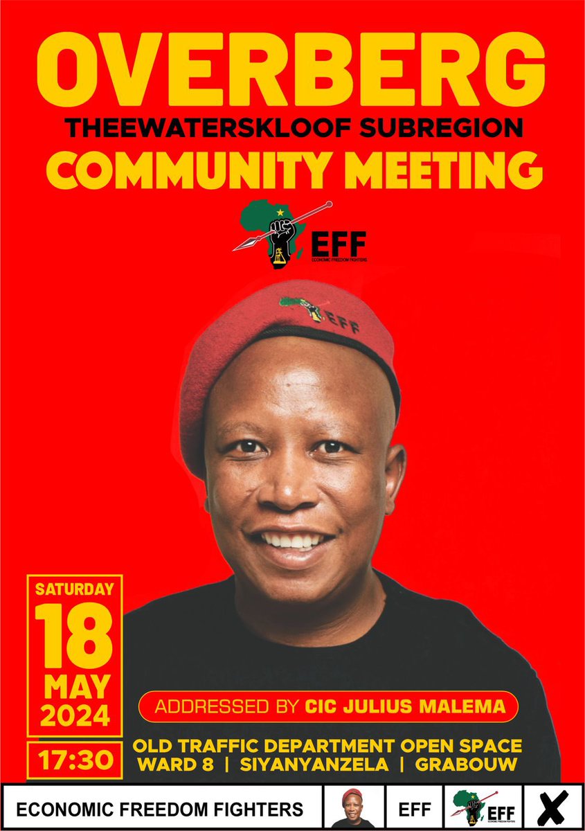 ♦️Don’t Miss It♦️

The President of the EFF and CIC  @Julius_S_Malema is scheduled to address a community meeting on 18 May in Ward 8, Theewaterskloof Sub-region in Overberg, Cape Winelands. 

#VoteEFF2024