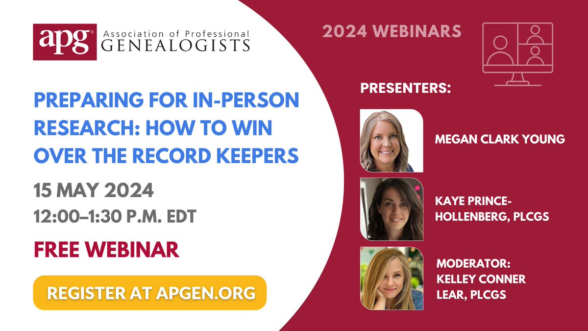 THIS WEEK! Join APG for a FREE professional development webinar, “Preparing for In-Person Research: How to Win Over the Record Keepers,” 15 May from 12–1:30 pm EDT. Our panel of insiders will share ways to make an in-person research trip more productive. bit.ly/3VW6BPs