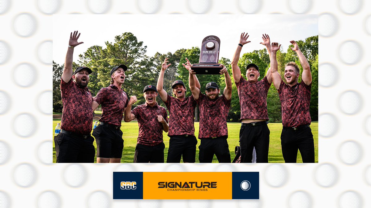 𝗥𝗜𝗡𝗚 𝗦𝗘𝗔𝗦𝗢𝗡. After @AStateMGolf tees off at the NCAA Austin Regional, the Red Wolves will commemorate their 2024 #SunBeltMG championship season with @signaturerings on their fingers. ☀️⛳️