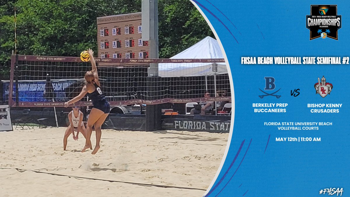 🏖️🏐🏆Good morning from Tallahassee! A Champion will be crowned today! #FHSAA Beach Volleyball State Semifinals are today at 11:00am. The State Championship match will take place at 2:30pm -Gulf Breeze vs. St. Thomas Aquinas -Berkeley Prep vs Bishop Kenny