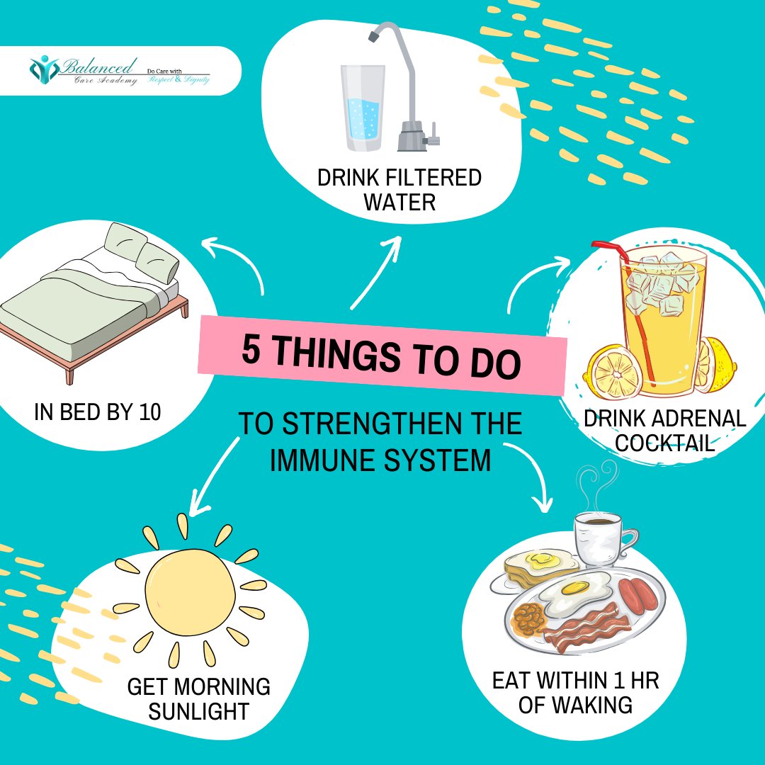 For more information and tips, visit balancedcareacademy.org #ImmuneSystemBoost #HealthyHabits #BedtimeRoutine #AdrenalCocktail #FilteredWater #MorningSunlight #BalancedCareAcademy