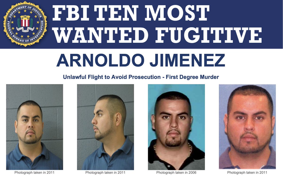 Ten Most Wanted Fugitive Arnoldo Jimenez is wanted by the #FBI for allegedly killing his wife in Burbank, Illinois, on May 12, 2012, the day after their wedding: fbi.gov/wanted/topten/…