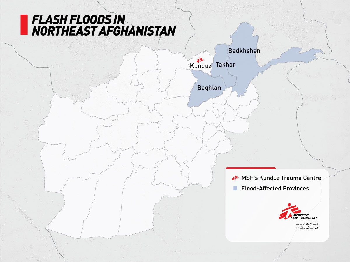 Following flash floods that swept 3⃣ provinces in northeast #Afghanistan on Fri. May 10, 2024, @MSF treated 22 patients referred from Baghlan & Takhar at the Kunduz Trauma Centre by end of Saturday. MSF also donated trauma kits and medicines to Baghlan Public Health Directorate.