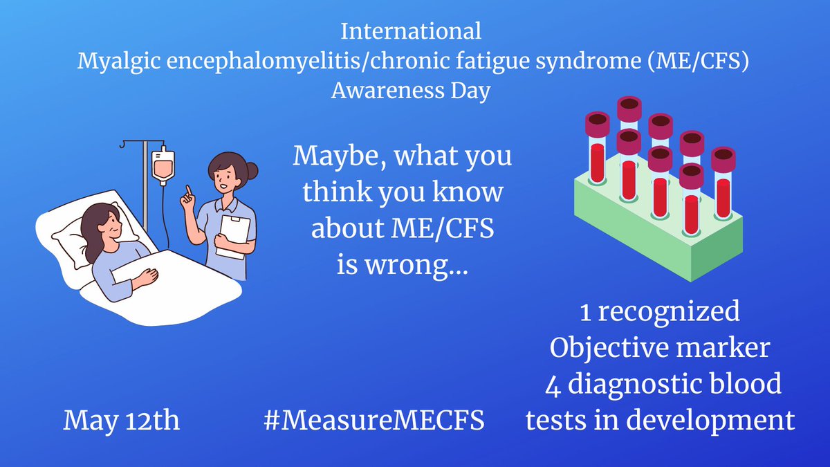 #Myalgicencephalomyelitis/chronic fatigue syndrome (ME/CFS) Awareness Day 
Has 1 objective marker and 4 diagnostic blood tests in development 
Maybe what you think you know about ME/CFS is wrong... 
May 12th #MeasureMECFS