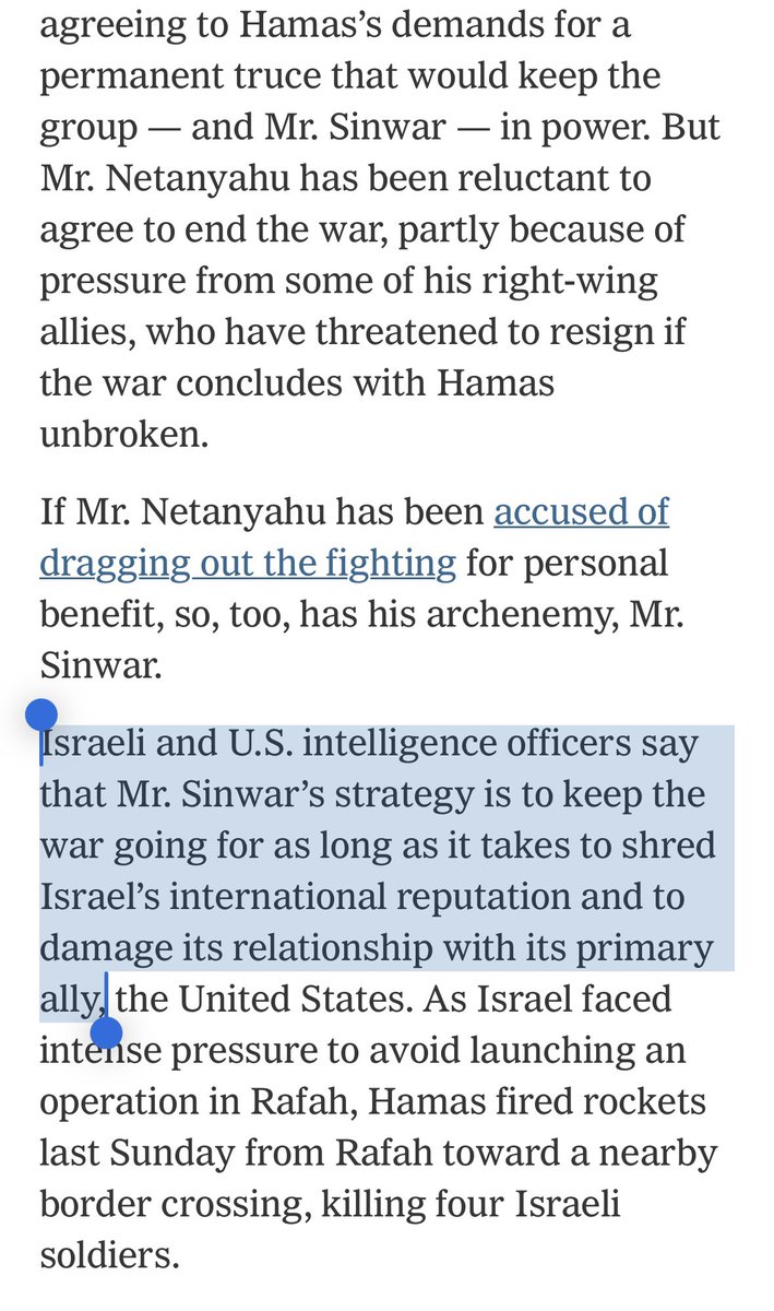 NYT: “Israeli and U.S. intelligence officers say that Mr. Sinwar’s strategy is to keep the war going for as long as it takes to shred Israel’s international reputation and to damage its relationship with its primary ally”

In other words, the strategy of Hamas is leftists.