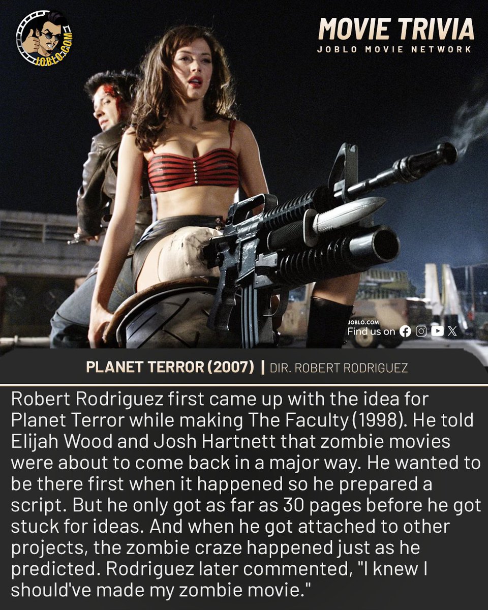 Movie trivia: Planet Terror (2007). 🎥

#JoBloMovies #JoBloMovieNetwork #PlanetTerror #RobertRodriguez #ElijahWood