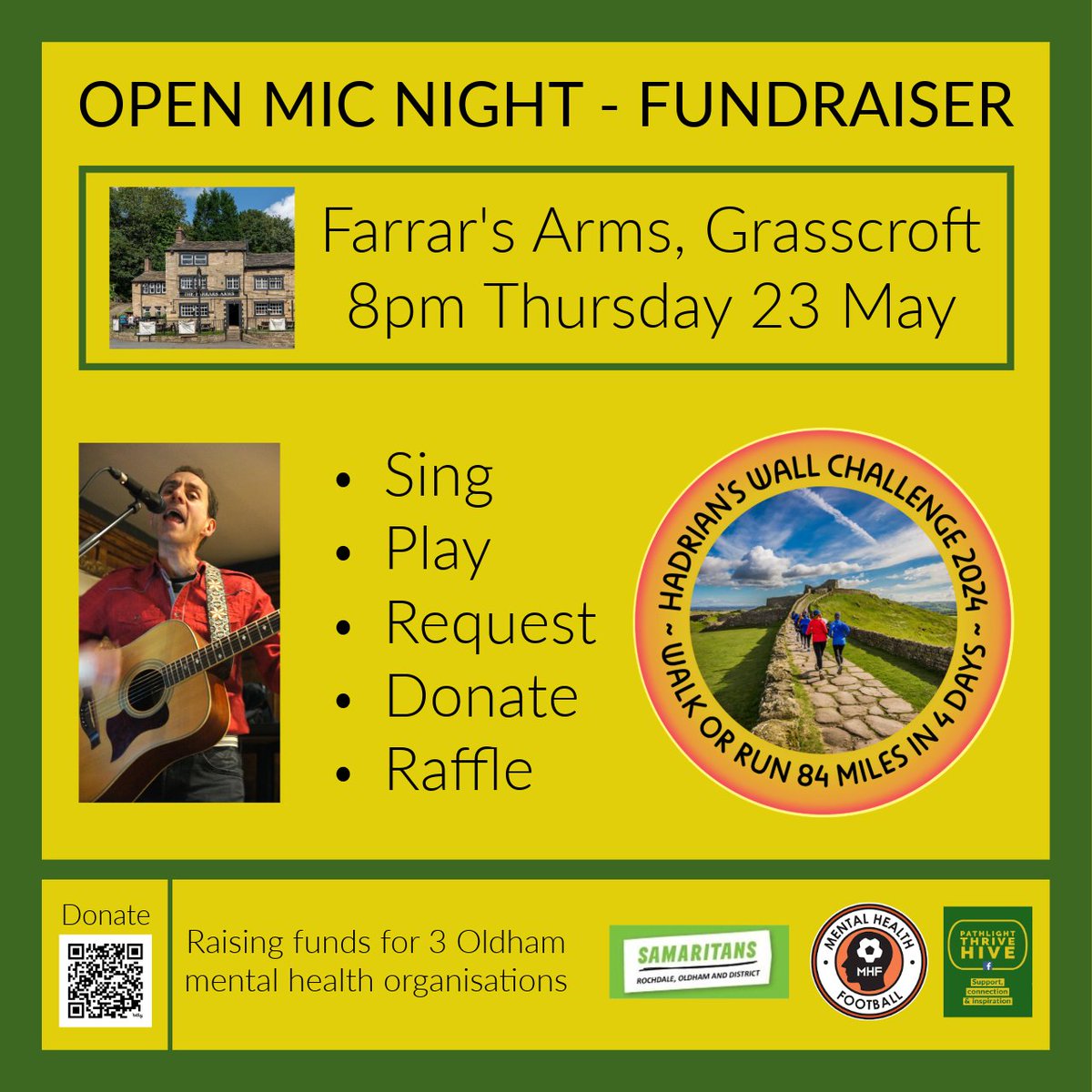 Enjoy great music + raffle @farrarsarms next Thursday whilst raising funds for 3 Oldham mental health organisations. Come and support Paul's epic Hadrian's Wall run... sing, play or request some songs. Guitar provided, or bring your own.

#OldhamHour #openmic @roch_samaritans