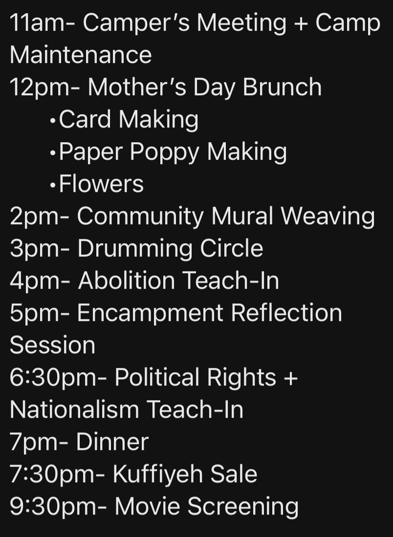 Programming Schedule Sunday 5/12, Day 21: Join us at the encampment for Mother’s Day! 💐 And of course after dinner and a movie stick around to watch the northern lights with us✨