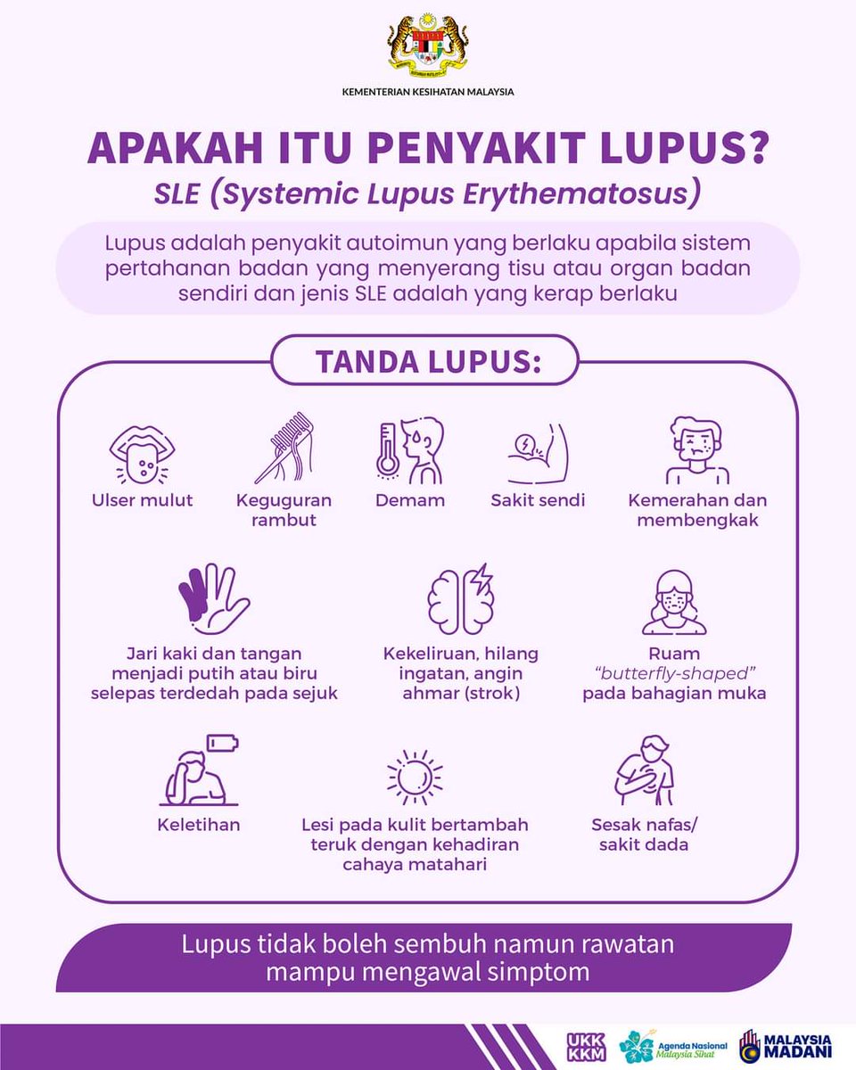 Lupus adalah penyakit auto-imun. 

Ini bermaksud sistem imun badan akan menyerang tisu atau organ dalam badan sendiri walaupun organ dan tisu ini tidak berbahaya.

#KementerianKesihatanMalaysia
#MalaysiaMadani
#JaPenWPKLP
#PPDBBSP
#KLCeria
