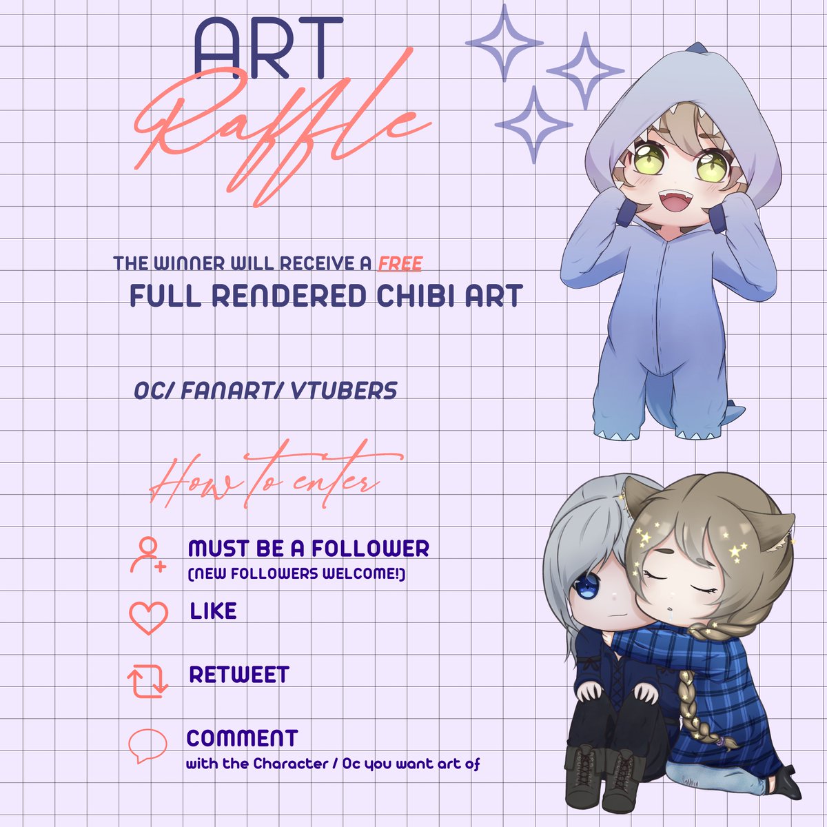 ✨ART RAFFLE✨

My 2. raffle! Chat unlocked this raffle at the horror night, so here we go! 

How to enter: 
1. Follow (new follower are wlecome)
2. Like
3. retweet
4. comment the character (Optional)

ends June 27

#Vtubers #GERVtuber #DigitalArtist #artmoots #artraffle