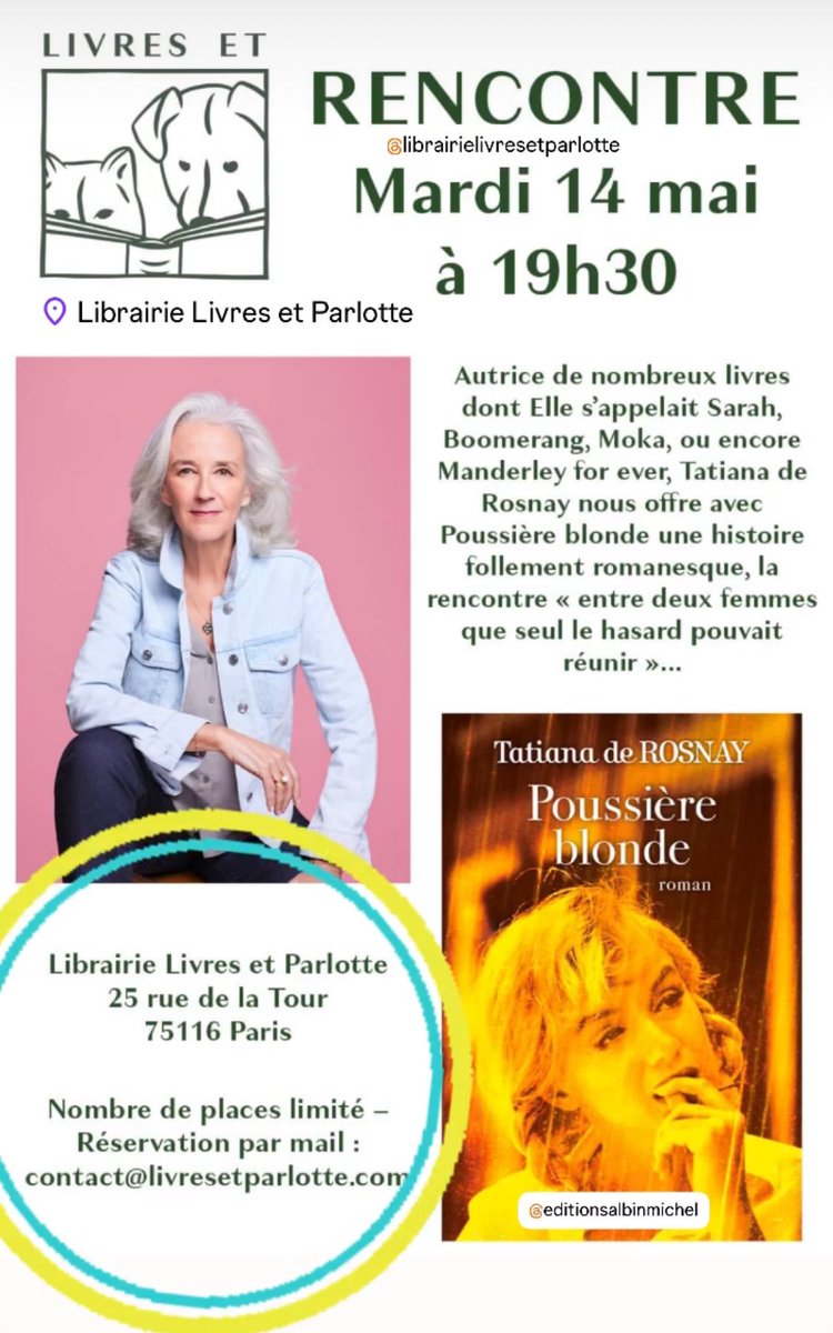 Rencontre /dédicace ✍🏻à la jolie librairie #livresetparlotte à Paris 75116 mardi 14 mai à 19h30 ! @AlbinMichel #poussièreblonde