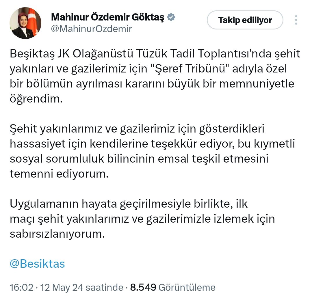 Aile ve Sosyal Hizmetler Bakanı Mahinur Özdemir Göktaş'tan Beşiktaş'a teşekkür paylaşımı.