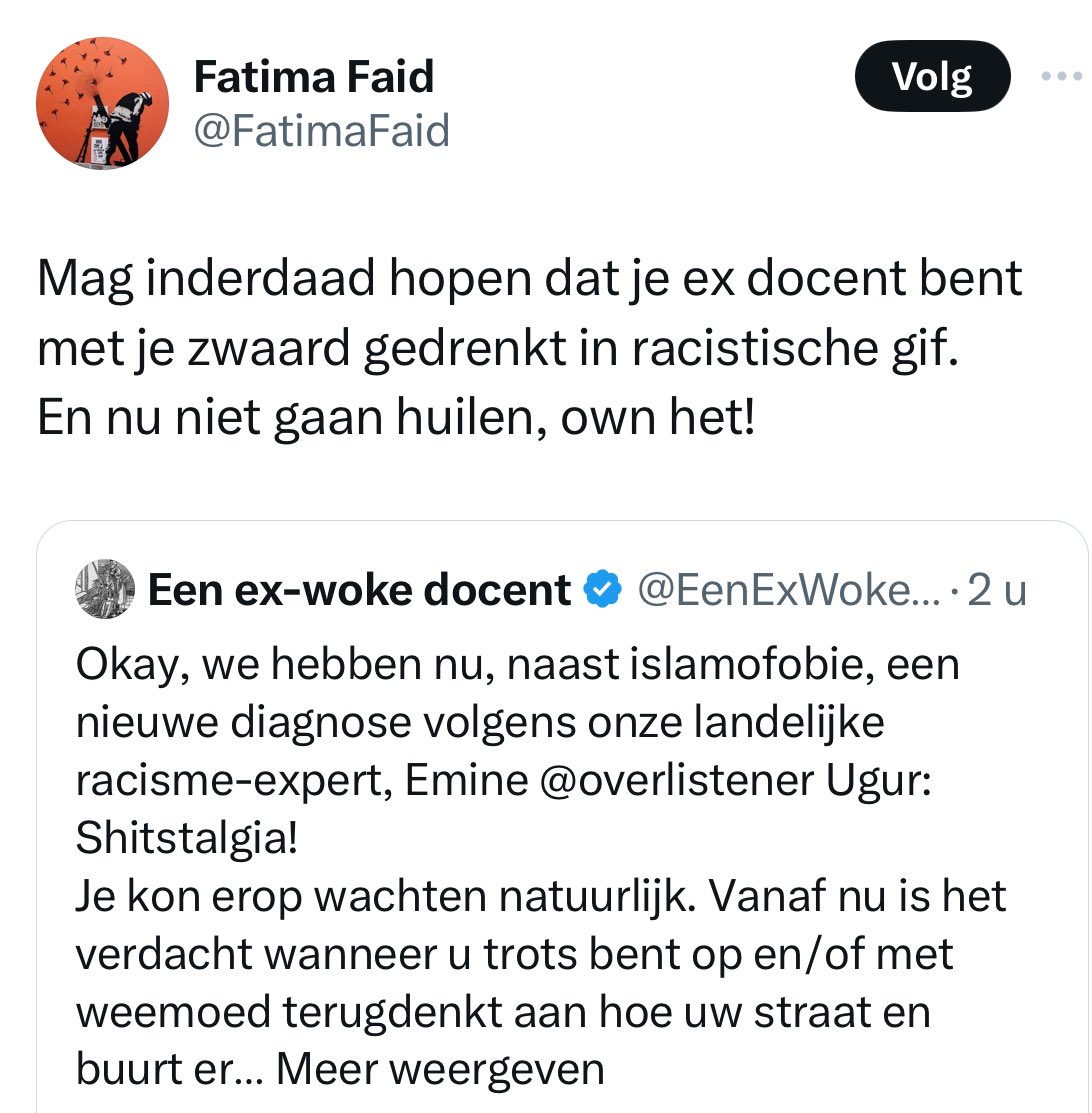 Ah, kijk! Een racisme-roeper uit een geheel onverwachte hoek: @FatimaFaid, fractievertegenwoordiger van de Haagse Stadspartij!

Zeg, beste Fatima, moest jij niet weer eens naar #Amsterdam vandaag, op islamissie? Beetje sensatie zoeken? Van de rivier tot de zee en zo? Beetje Joden…