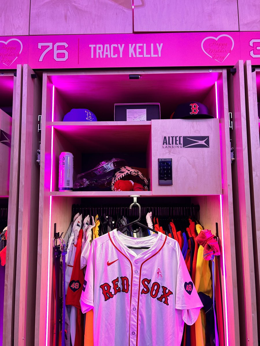 Red Sox players’ lockers have their names replaced by their mothers today (photo courtesy @zack_kelly)