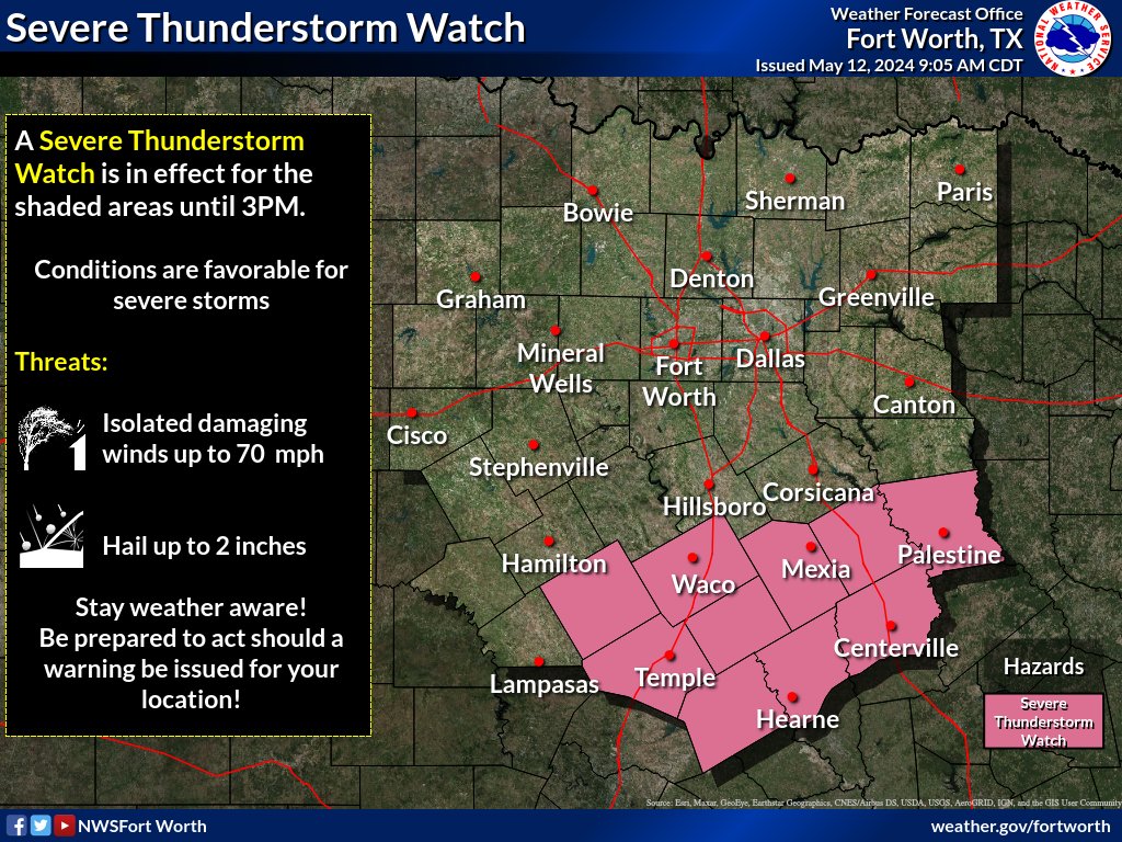 A Severe Thunderstorm Watch is in effect for portions of Central Texas through 3 PM. Large hail to 2' and a few damaging wind gusts to 70 mph are the main threats. Stay weather aware! #dfwwx #ctxwx