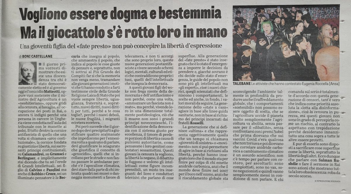 VOGLIONO ESSERE DOGMA E BESTEMMIA MA IL GIOCATTOLO S'È ROTTO LORO IN MANO Una gioventù figlia del 'fate presto' non può concepire la libertà d'espressione. @boni_castellane descrivere con arguzia e precisione la generazione che si definisce 'ultima'. E che speriamo lo sia…