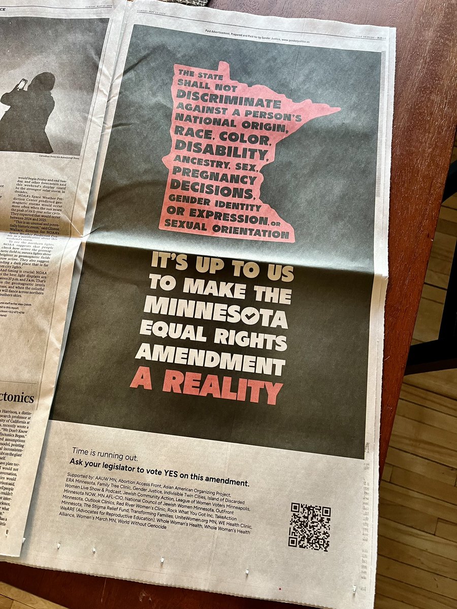 #Yes4ERA ad in today’s Star Tribune , delivered to over 350,000 subscribers. 

Thanks to the many coalition partners who made it happen. Write your state lawmaker today, ahead of tomorrow’s vote—let’s make the Equal Rights Amendment a reality! genderjusticeaction.us/era/legislator…