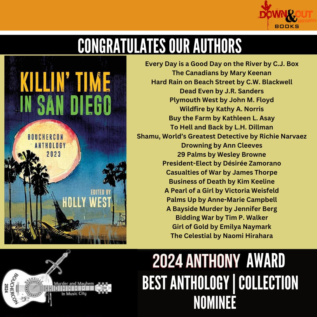 . @DownAndOutBooks congratulates #authors on making the #AnthonyAward nom possible @HollyWest @cjboxauthor @CW_Blackwell @richie_narvaez @AnnCleeves @browneallover @LaDeziree @KimKeeline @vsk8s @1950sMysteries @walkertimp @emilyanaymark @gasagasagirl | @SMFSocy