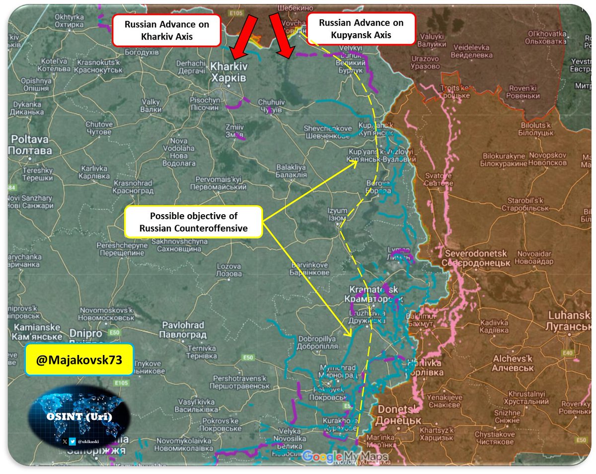 UKikaski's tweet image. May 12, 2024: Update on the Russian #Counteroffensive in #Kharkiv 

Map by @Majakovsk73 with my overlays.

NASA FIRMS imagery of thermal anomalies/fires in the Kharkiv region over the last 24-hours seems to indicate that Russia's main focus is in the east along the Kupyansk Axis