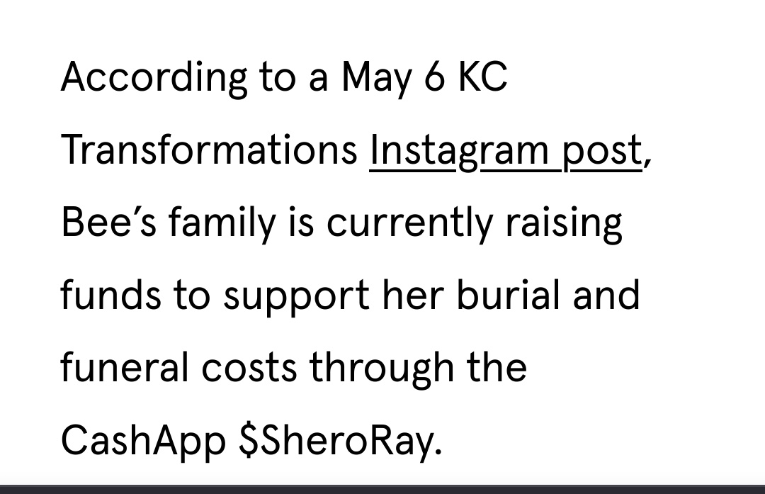 Her family is raising funds for her funeral! Please check their Instagram post and donate if you can!  #BlackTransLivesMatter 
IG: instagram.com/reel/C6opiO4xb…
CashApp: $SheroRay